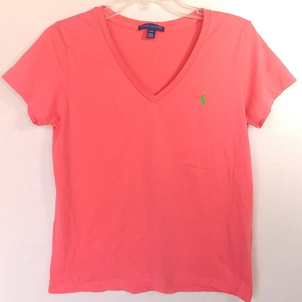 Ralph Lauren preppy v-neck tee shirt in coral
